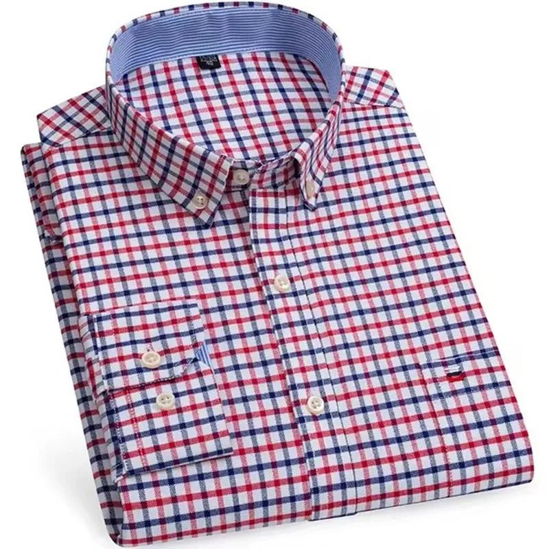 Chemises en coton Oxford à carreaux pour hommes, polyvalentes et décontractées, poche unique, manche