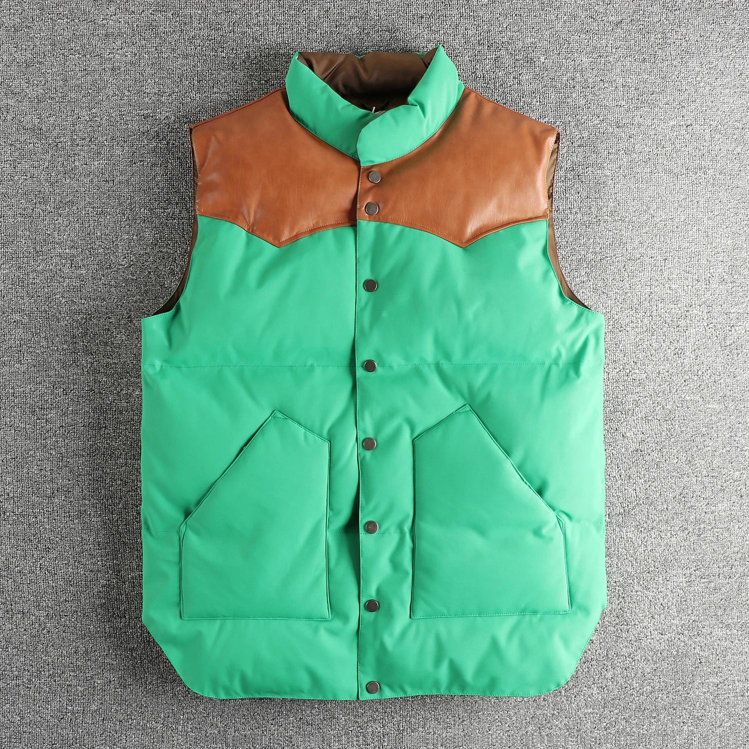 Gilet sans manches en laine de soie pour hommes, gilet épissé en PU, haut léger et chaud, tendance r