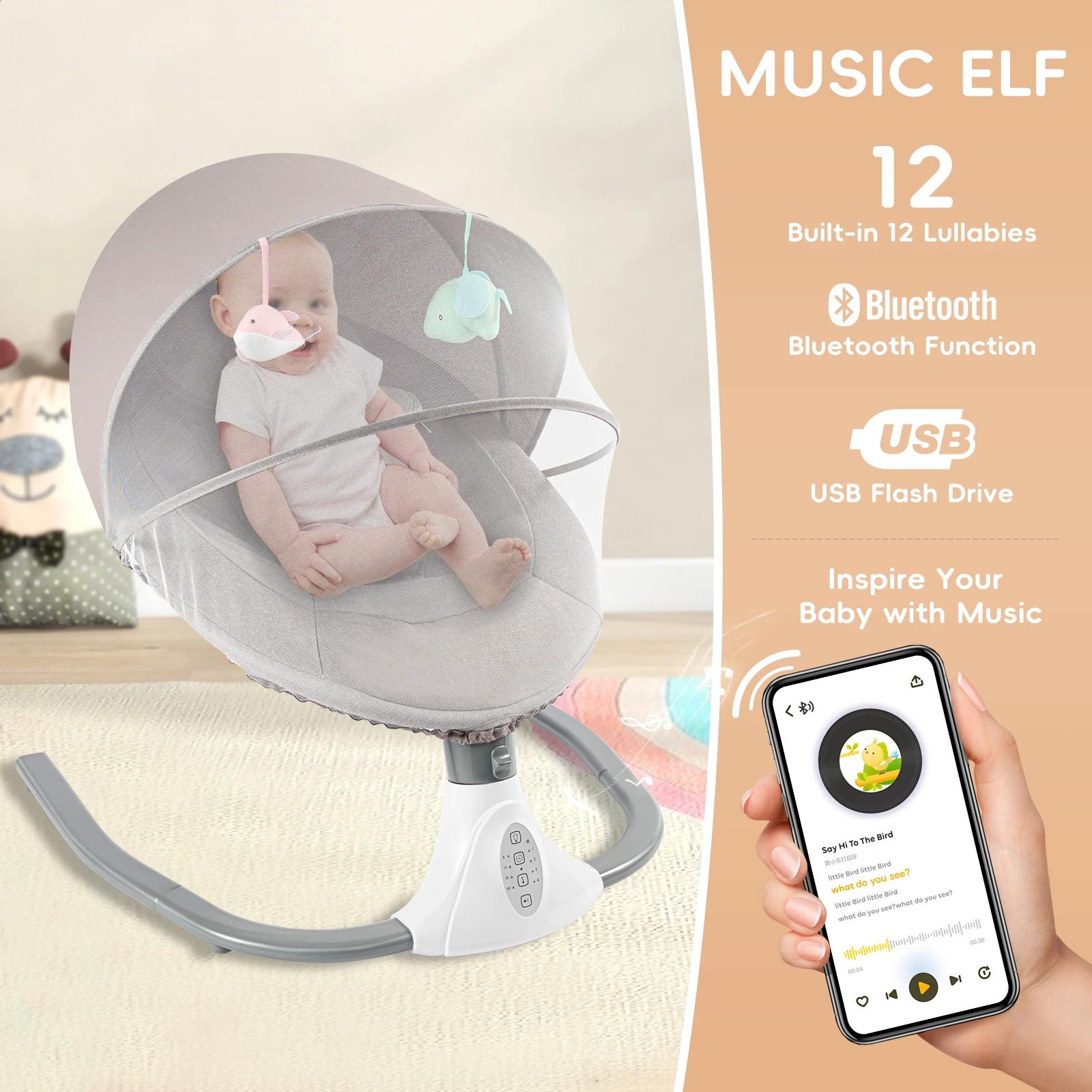 Balançoire électrique pour bébé, videurs à 4 vitesses, berceuses intégrées, fonction Bluetooth, pare