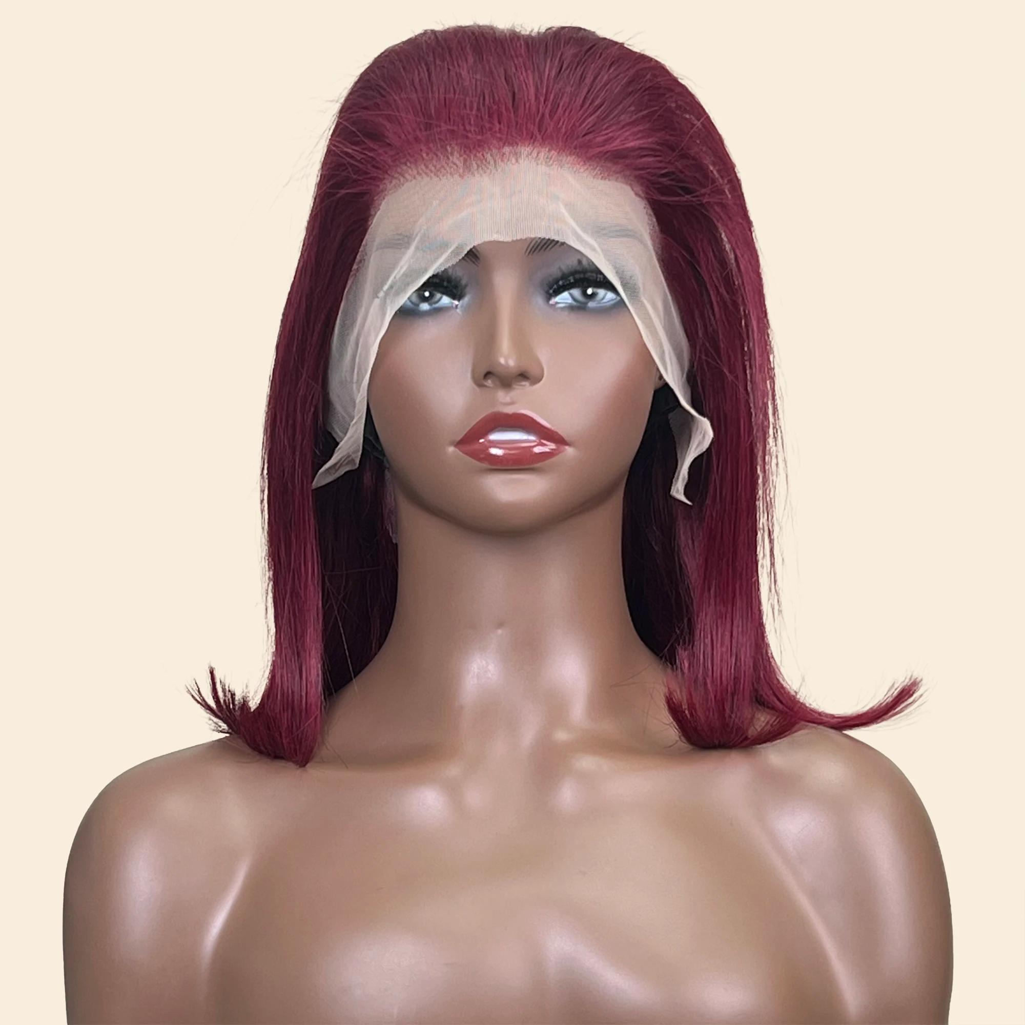Perruque Bob Lace Front Wig Remy Naturelle Lisse, Cheveux Courts, Bordeaux 99J, 13x4, Pre-Plucked, D