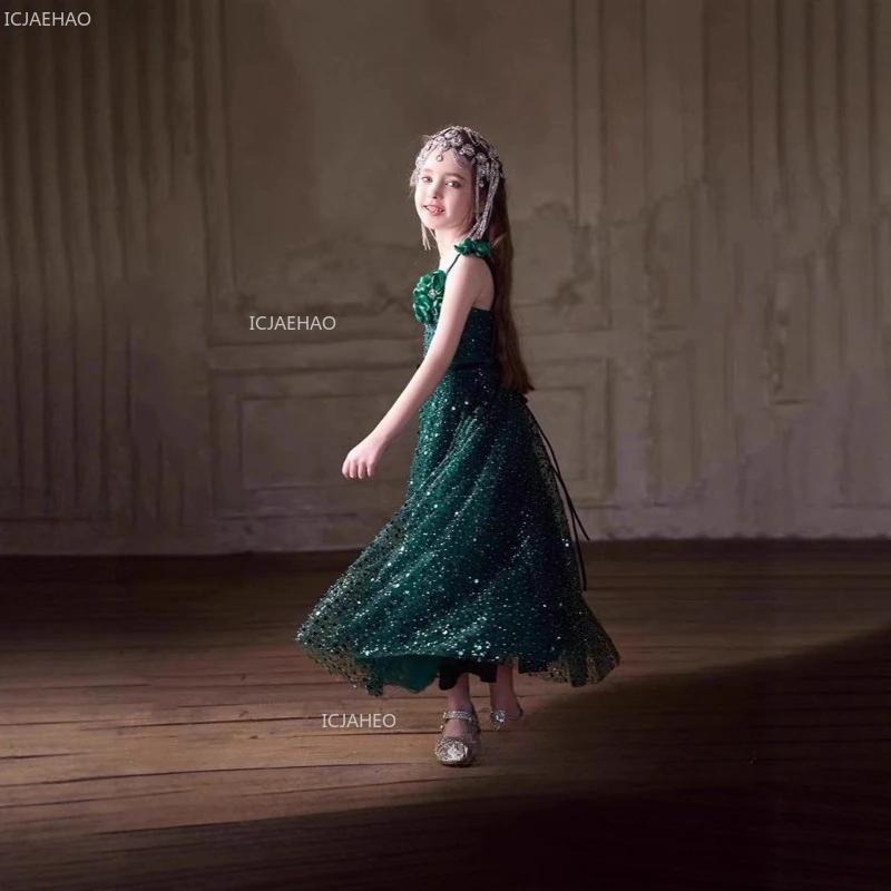 Robe de princesse vert forêt pour filles, robe de cérémonie pour enfants, robe de mariée pour filles