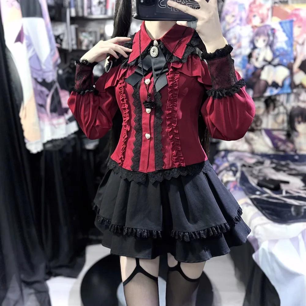 Ensemble Lolita de Type sol en forme de cœur doux foncé, haut à manches à volants et jupe trapèze, j