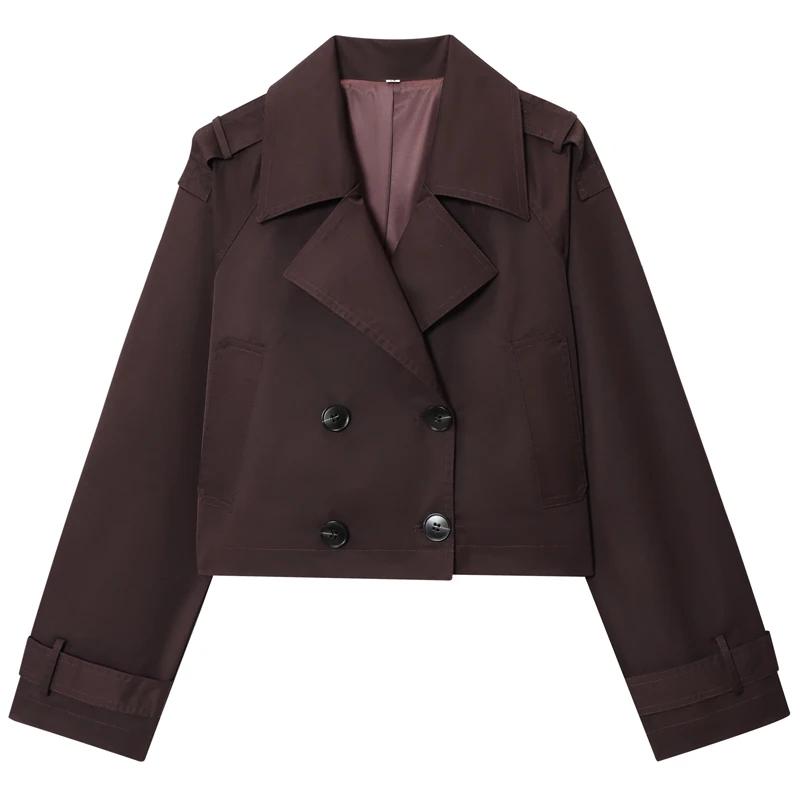 HXAO – Trench-Coat court marron chocolat pour femme, manteaux surdimensionnés à manches longues, ves