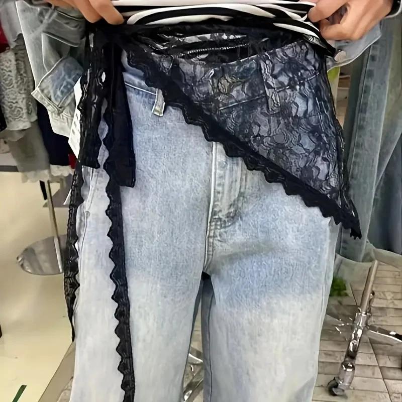 Femmes coréennes dentelle Triangle une pièce ceinturée chevauchement foulard jupe en dentelle tablie