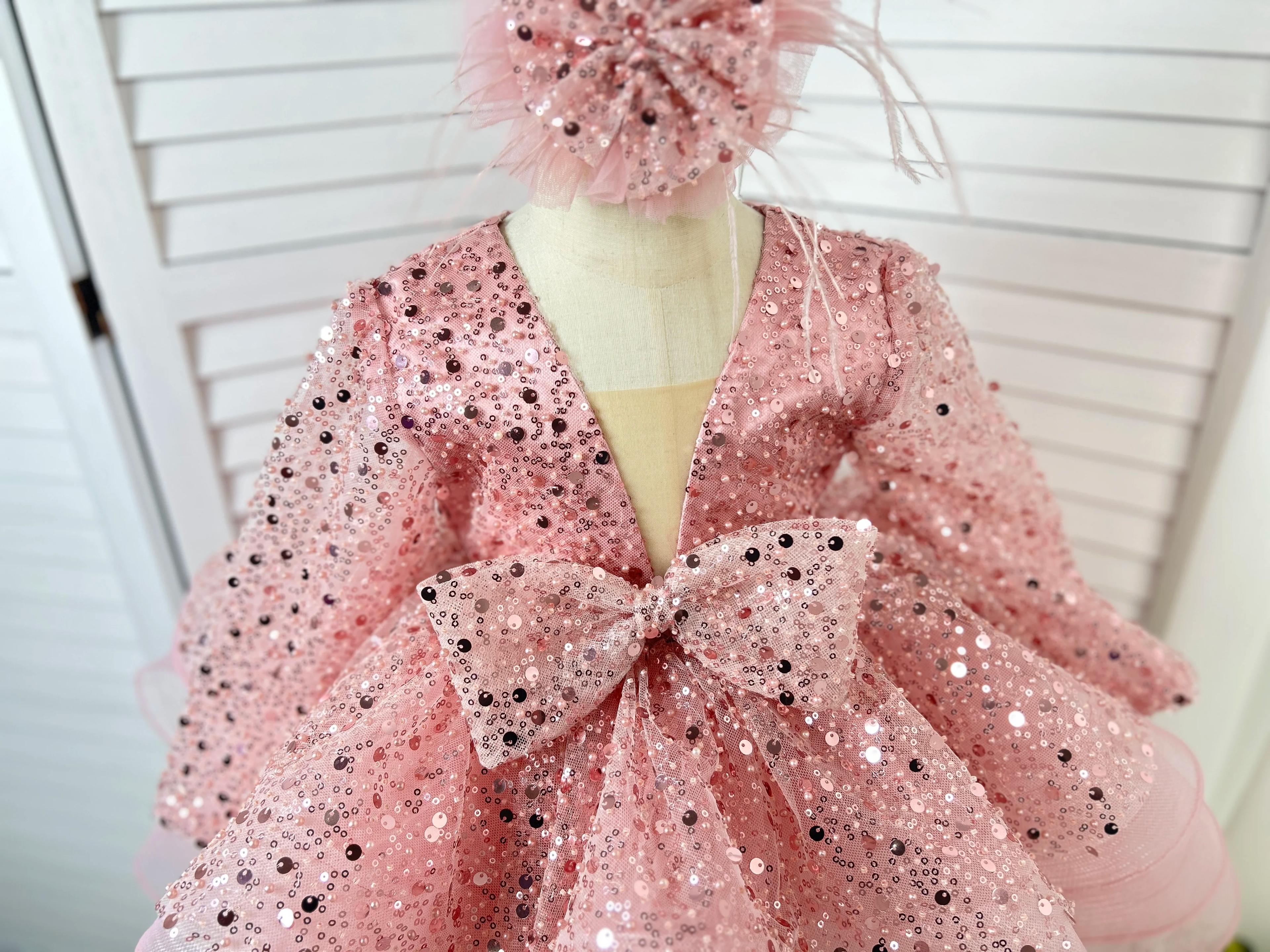 Robe à paillettes pour filles, élégante et unique, à fleurs, robe de soirée de mariage pour enfants,