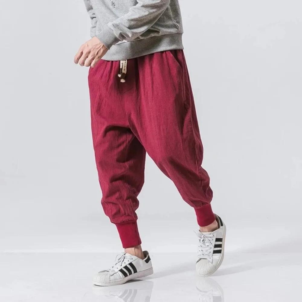 Coton lin sarouel hommes Streetwear Joggers nouveau Baggy goutte-entrejambe pantalon pantalon décont
