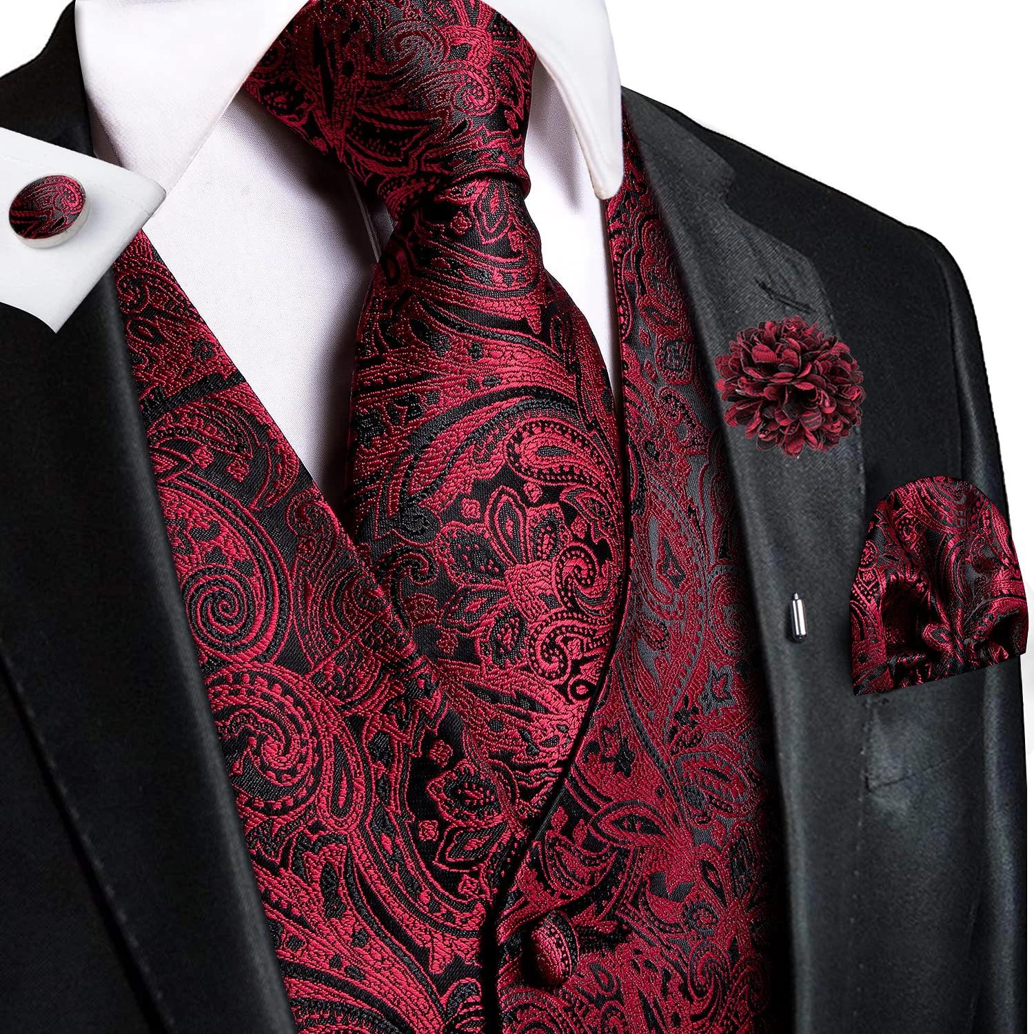 Ensemble de gilet jacquard, cravate, pochette, boutons de manchette et broche pour homme, pour costu