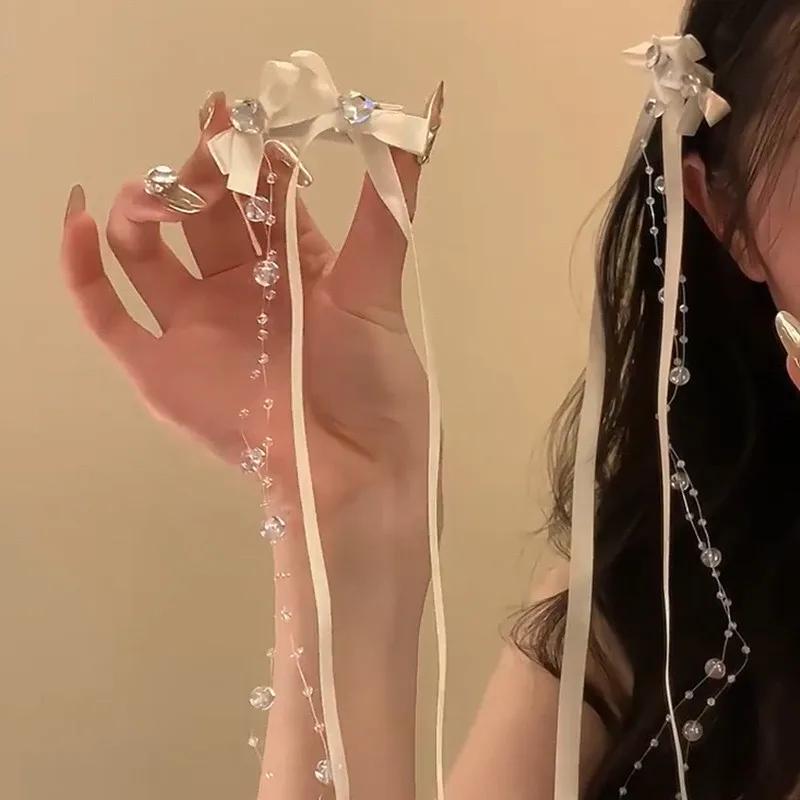 Pince à cheveux avec pompon en ruban de verre perlé pour femmes, mode coréenne Y2K, épingle à cheveu