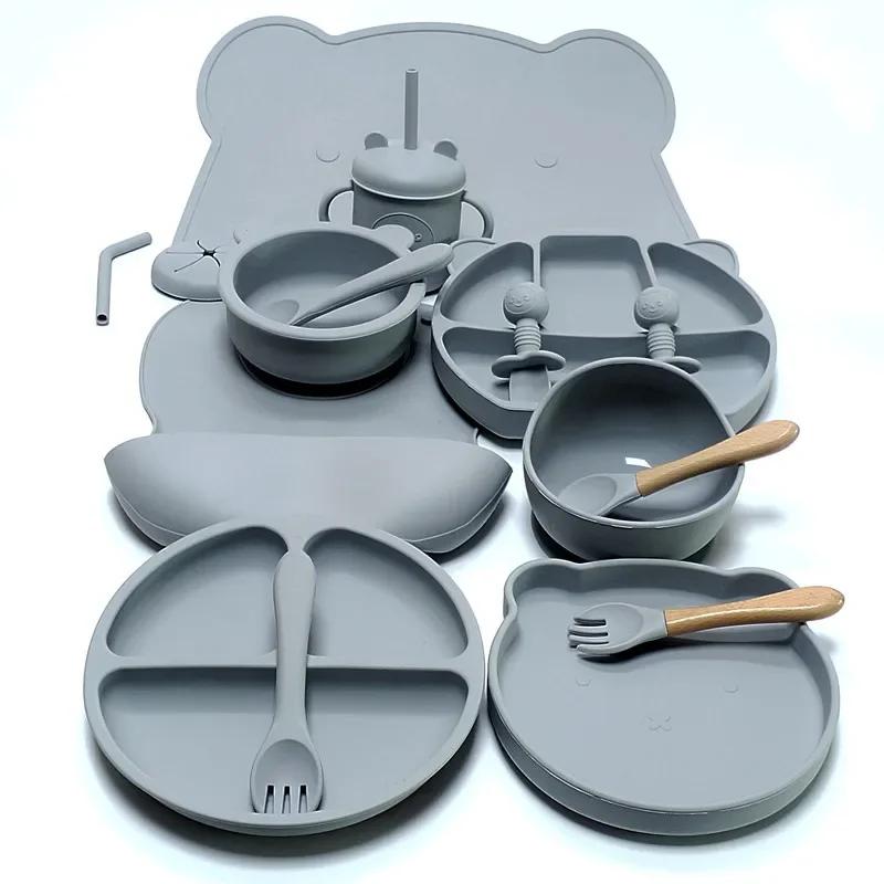 Ensemble d'ustensiles en silicone pour enfants, ensemble d'assiettes queplate, ventouse complémentai