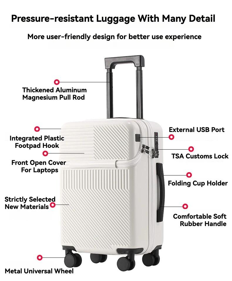 Ensembles de bagages de grande capacité pour hommes, valise, avant ouvert, chargement USB, bagage à