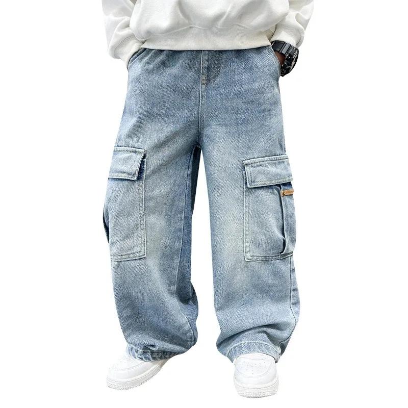Pantalons cargo en denim pour garçons, mode printemps-automne, jeans décontractés pour enfants et ad