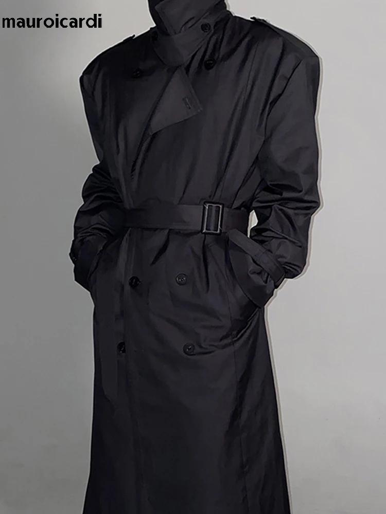 Mauroicardi-Manteau long noir pour homme, ceinture double boutonnage, décontracté, coupe-vent, print