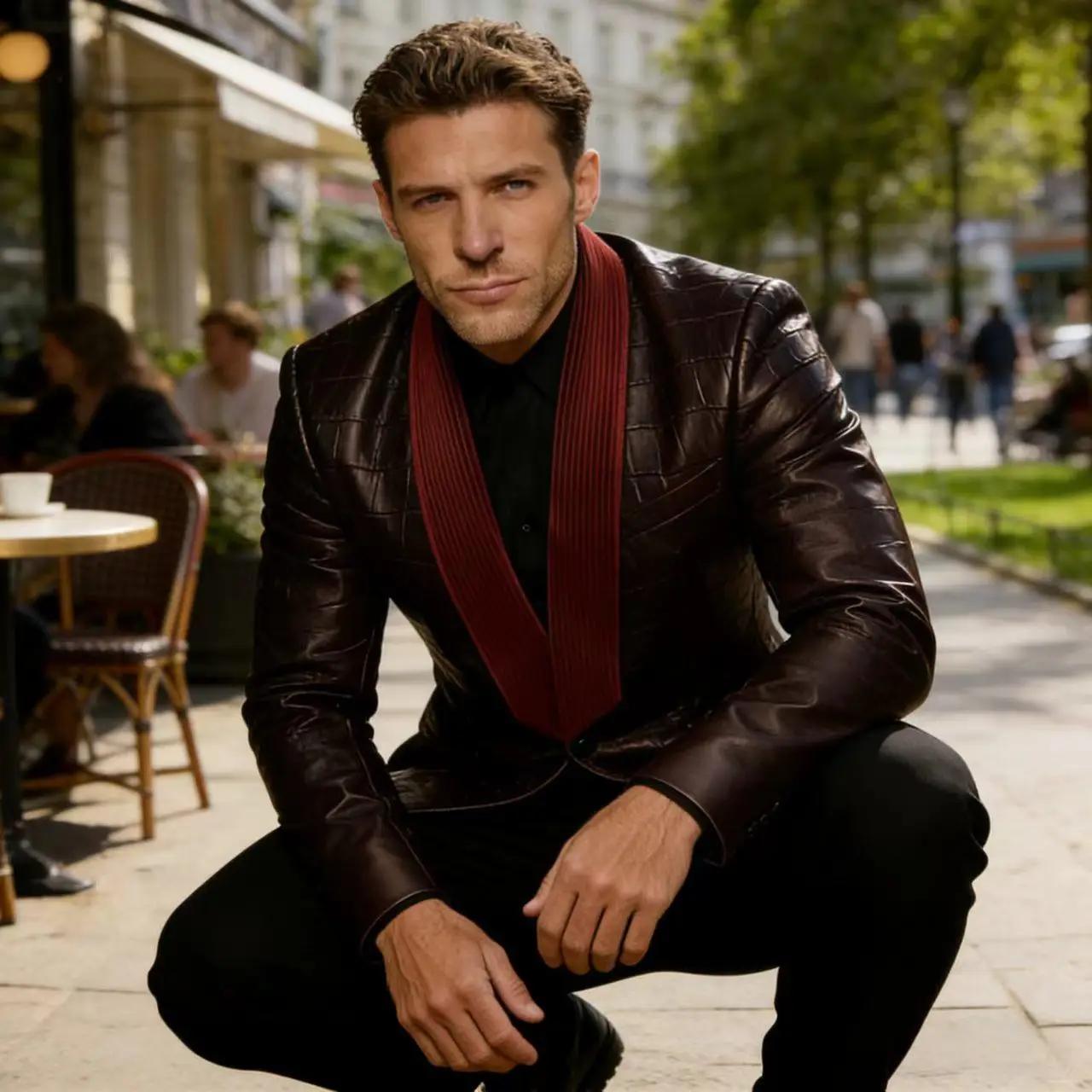Blazer en cuir à motif crocodile pour homme, patchwork en velours côtelé, 1 bouton, col châle, veste