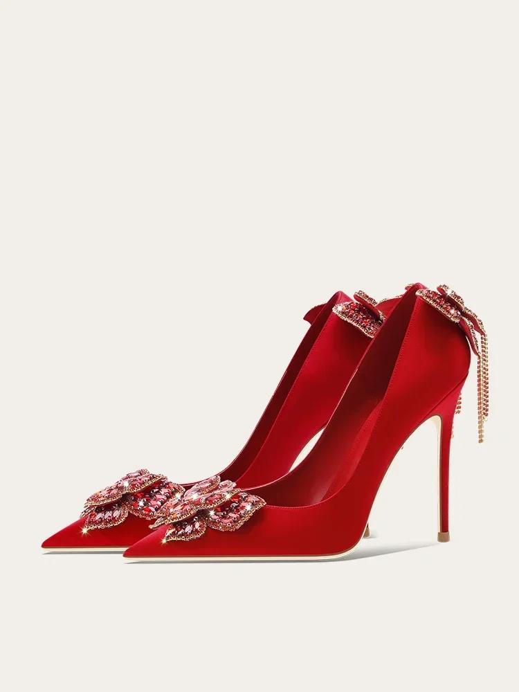 Chaussures à talons hauts pour femmes, chaussures de mariage à la mode avec pompon papillon rouge ch