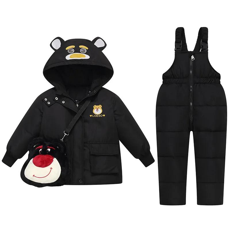 Doudoune à capuche ours dessin animé pour enfants, ensemble de vêtements pour filles, salopette pour