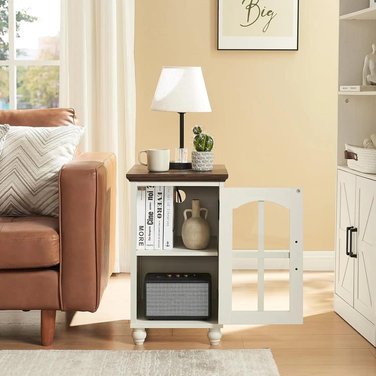 Ensemble de 2 tables d'appoint étroites blanches avec station de charge, table d'appoint en verre st
