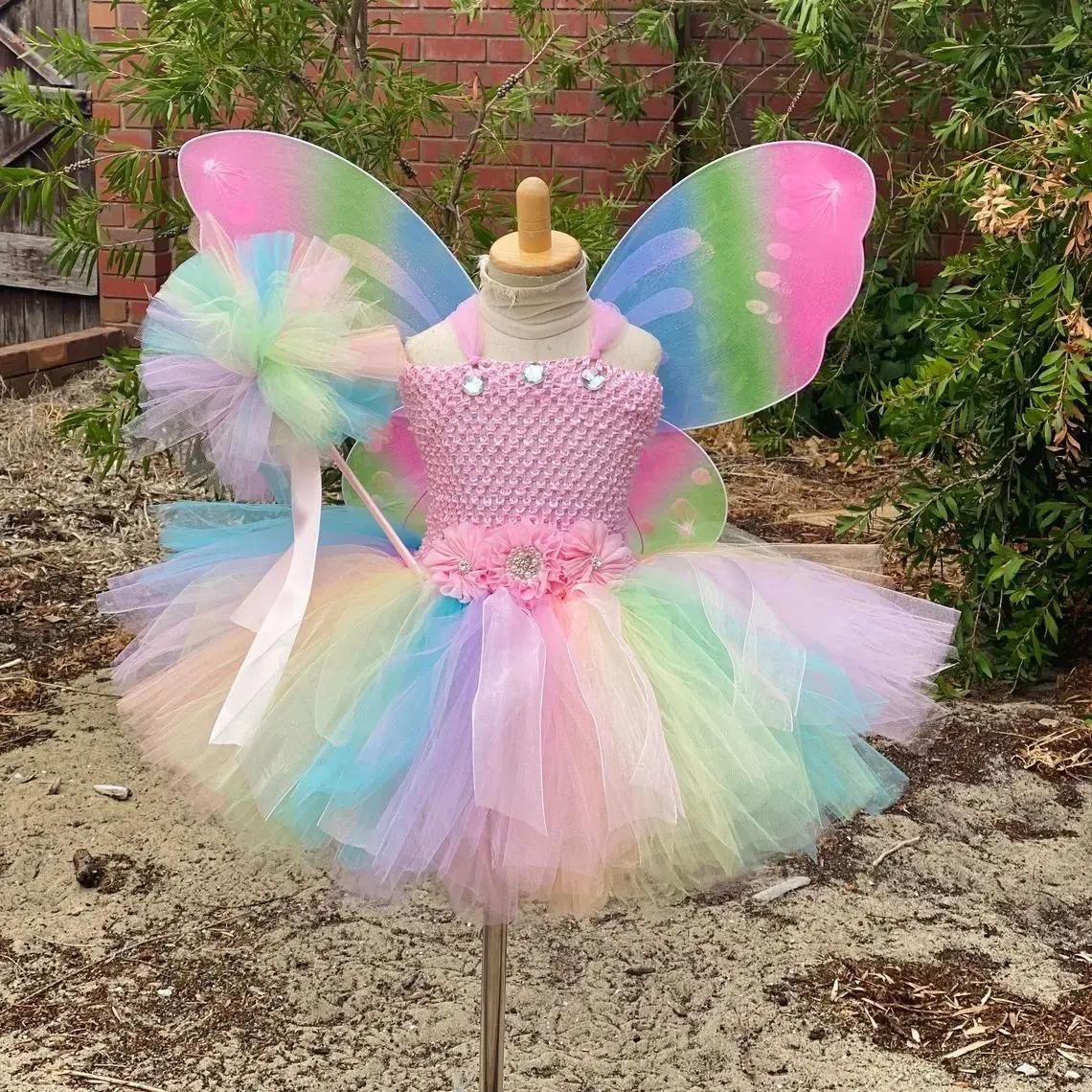 Robe de fée papillon Pastel pour filles, Tutu à fleurs avec aile et bâton, tenue avec nœud de cheveu