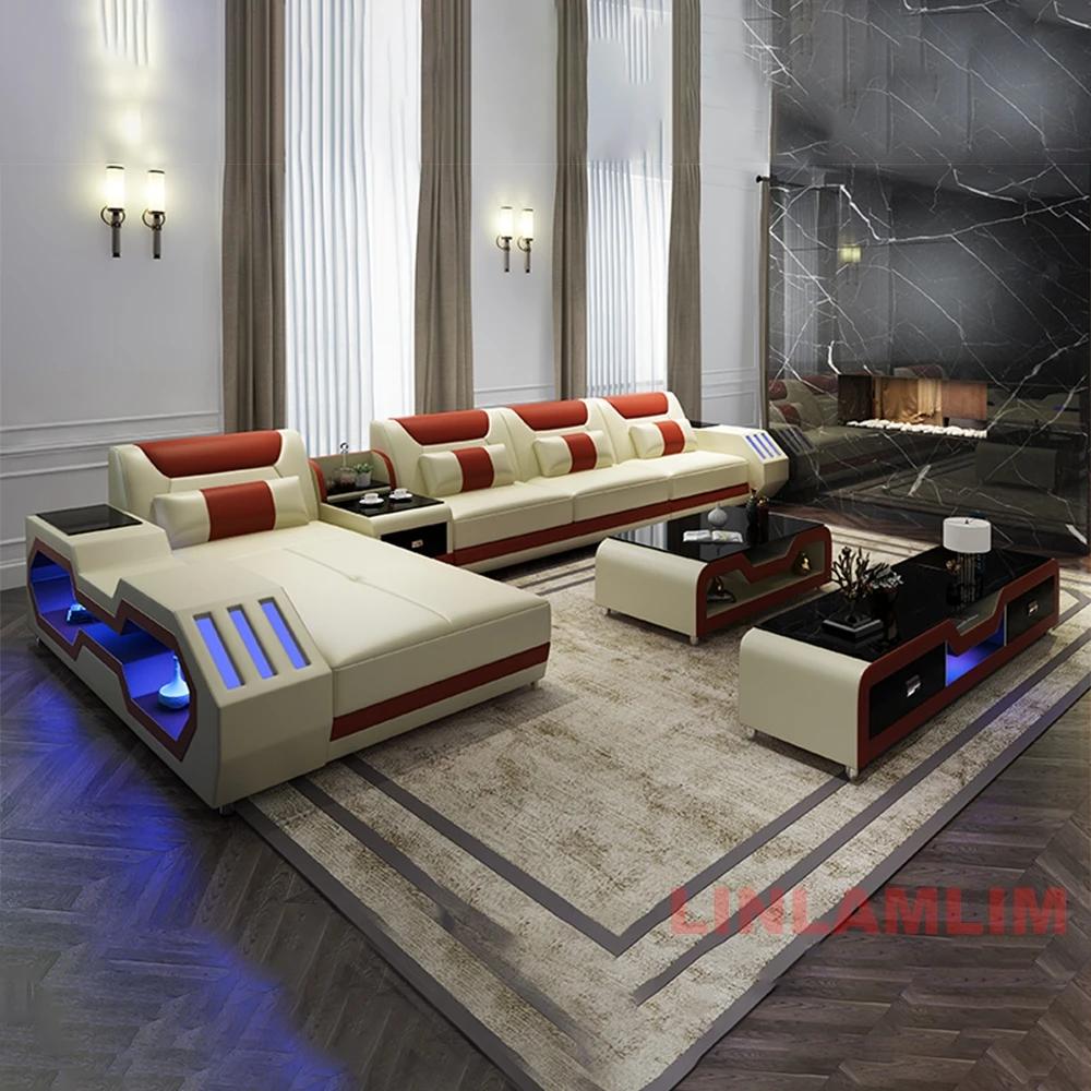 Ensemble de canapé moderne éclairé par LED avec fauteuil inclinable, appui-tête et console réglables