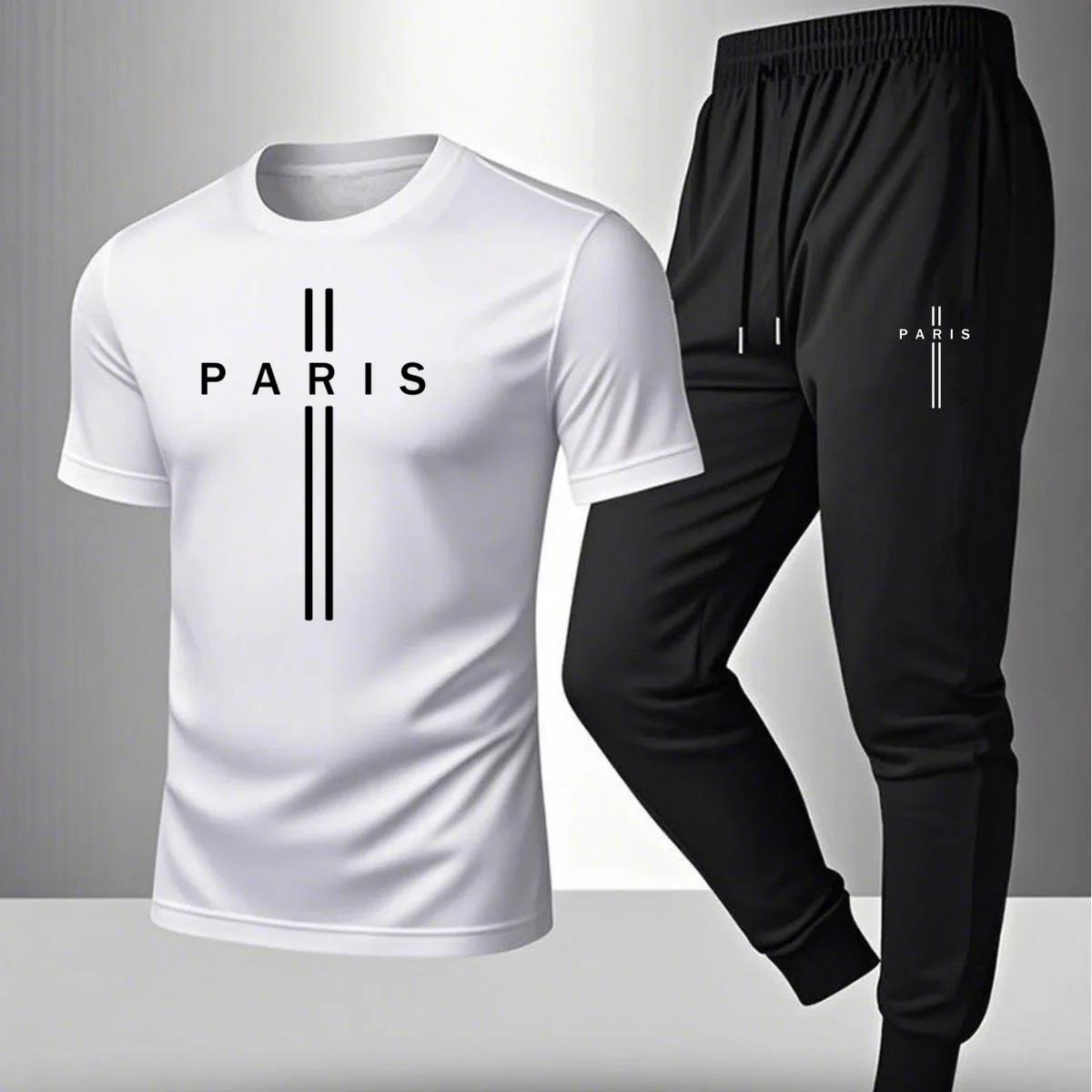 Ensemble t-shirt à manches courtes et pantalon décontracté d'été pour homme, imprimé Paris, ensemble