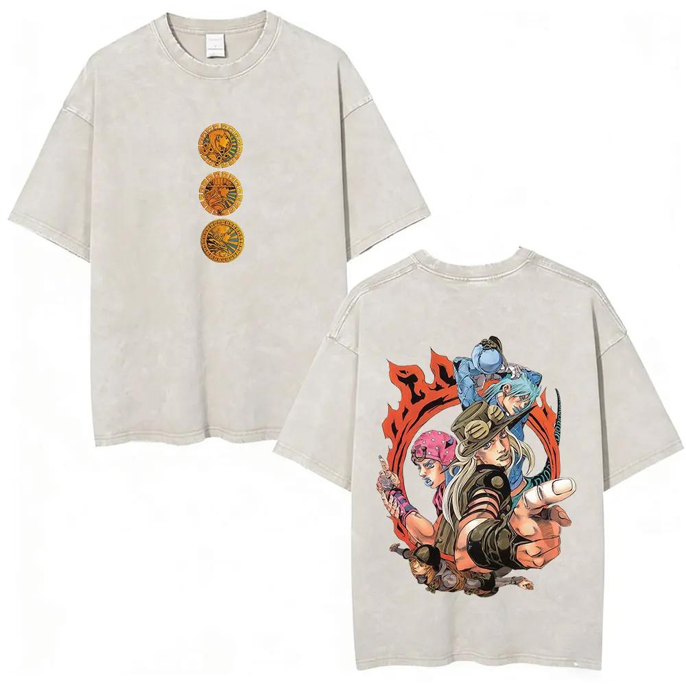 T-shirt Anime Jojo Bizarre Adventure STEEL BALL RUN Manga Vintage Acid Washed pour hommes et femmes,