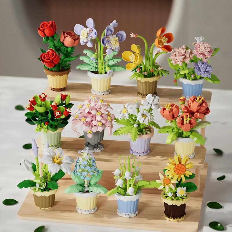 Bouquet de blocs de construction créatif, cadeau en pot de plante de fleur éternelle, plante en pot
