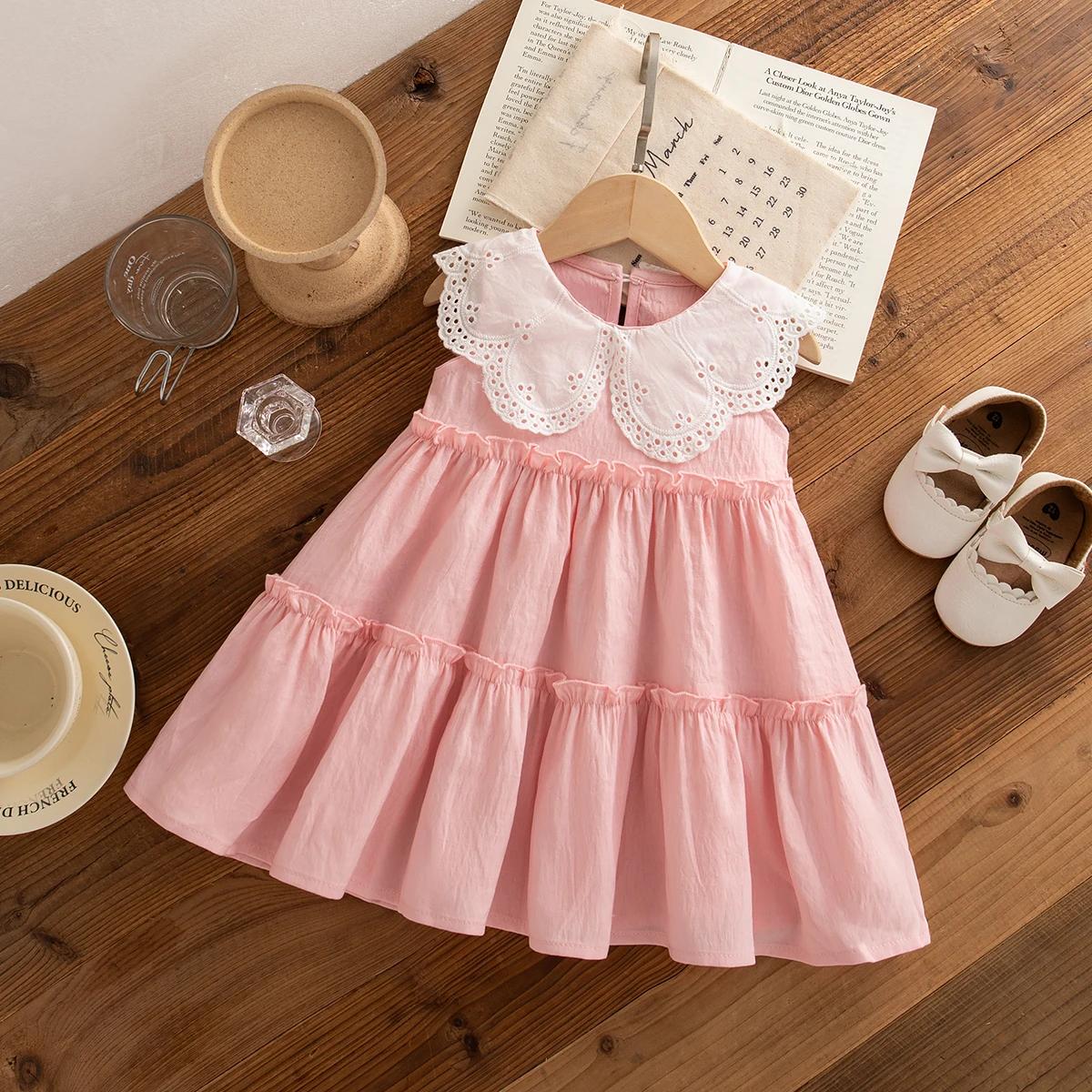 Robe plage été coton filles sans manches à revers couleur unie mignonne