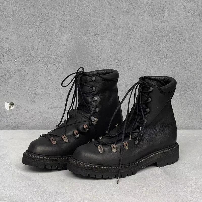 Bottes de moto en cuir véritable pour hommes, chaussures d'alpinisme à lacets en métal, bottes de ra