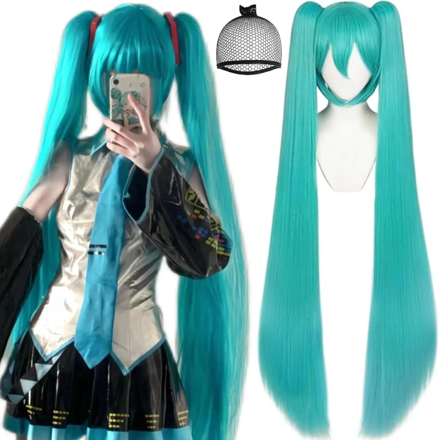 Perruques synthétiques vertes + bonnet de cheveux, perruque longue vert avec 2 queues de cheval pour