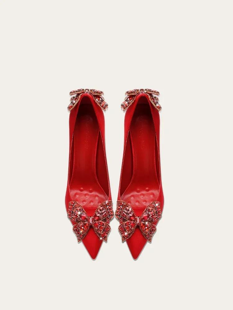 Chaussures à talons hauts pour femmes, chaussures de mariage à la mode avec pompon papillon rouge ch