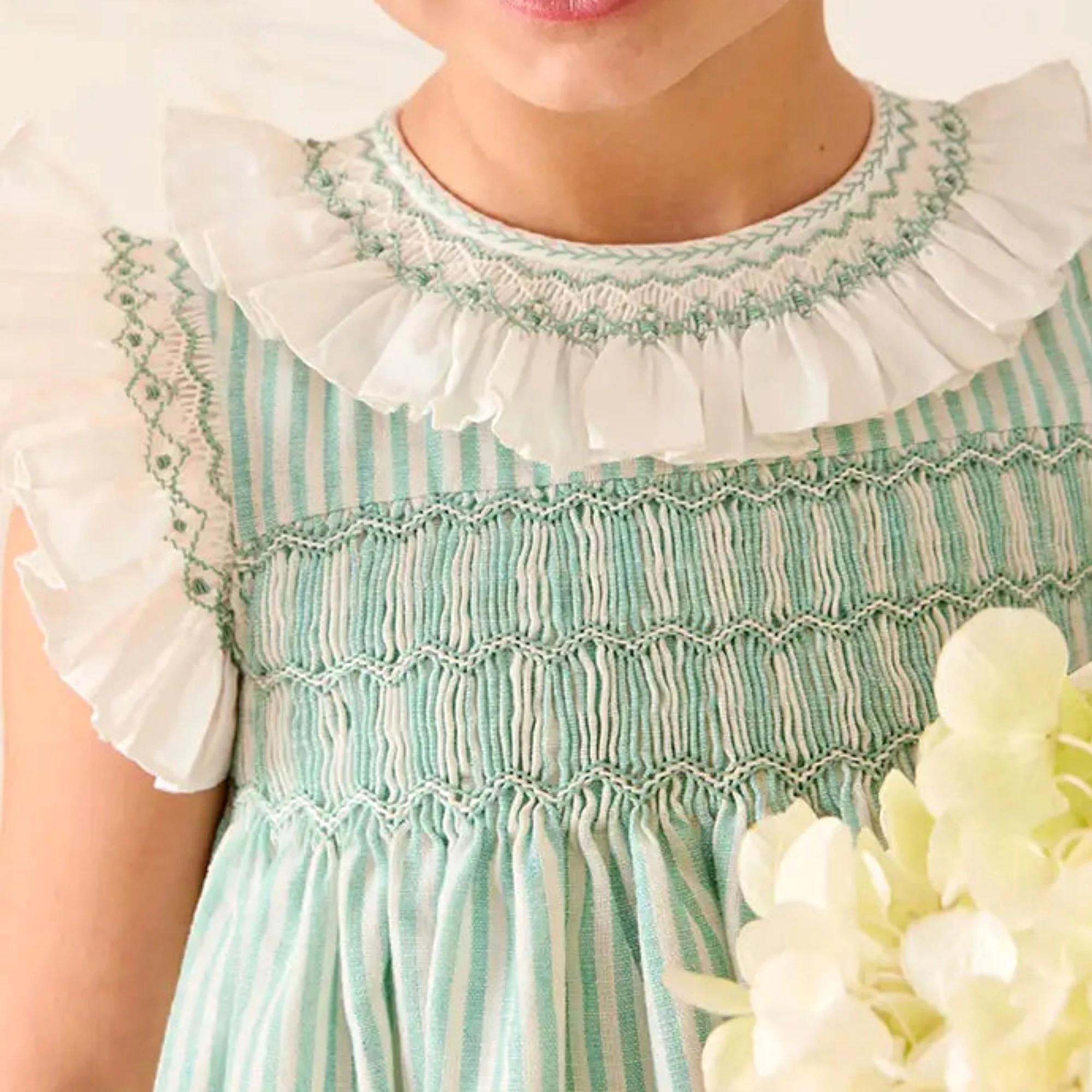 Robes d'été élégantes sans manches pour filles, couleur verte, rayées, avec col smocké à volants fai