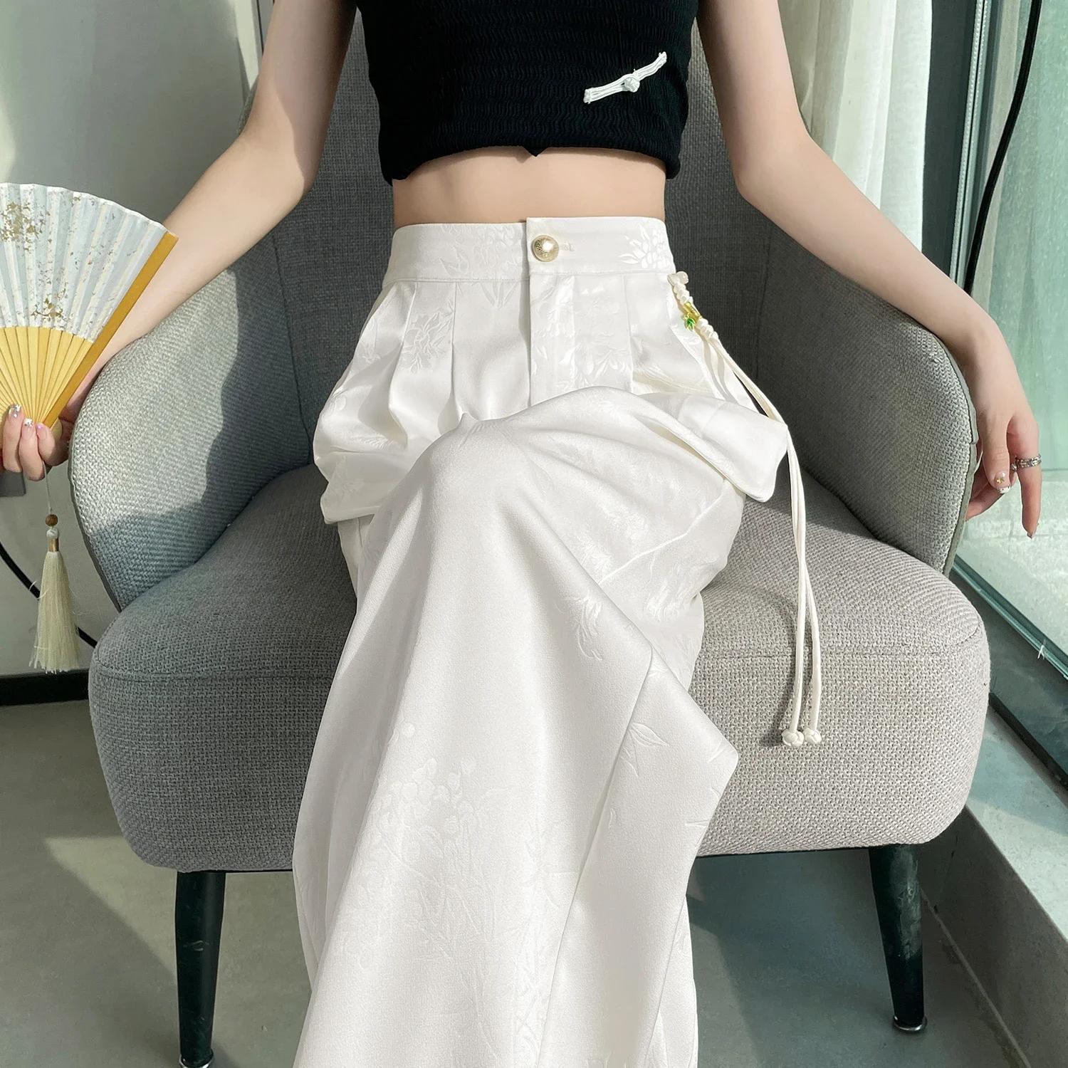 Nouveau Style chinois Jacquard jambe large Satin pantalon pour femmes élégant solide bureau dame déc