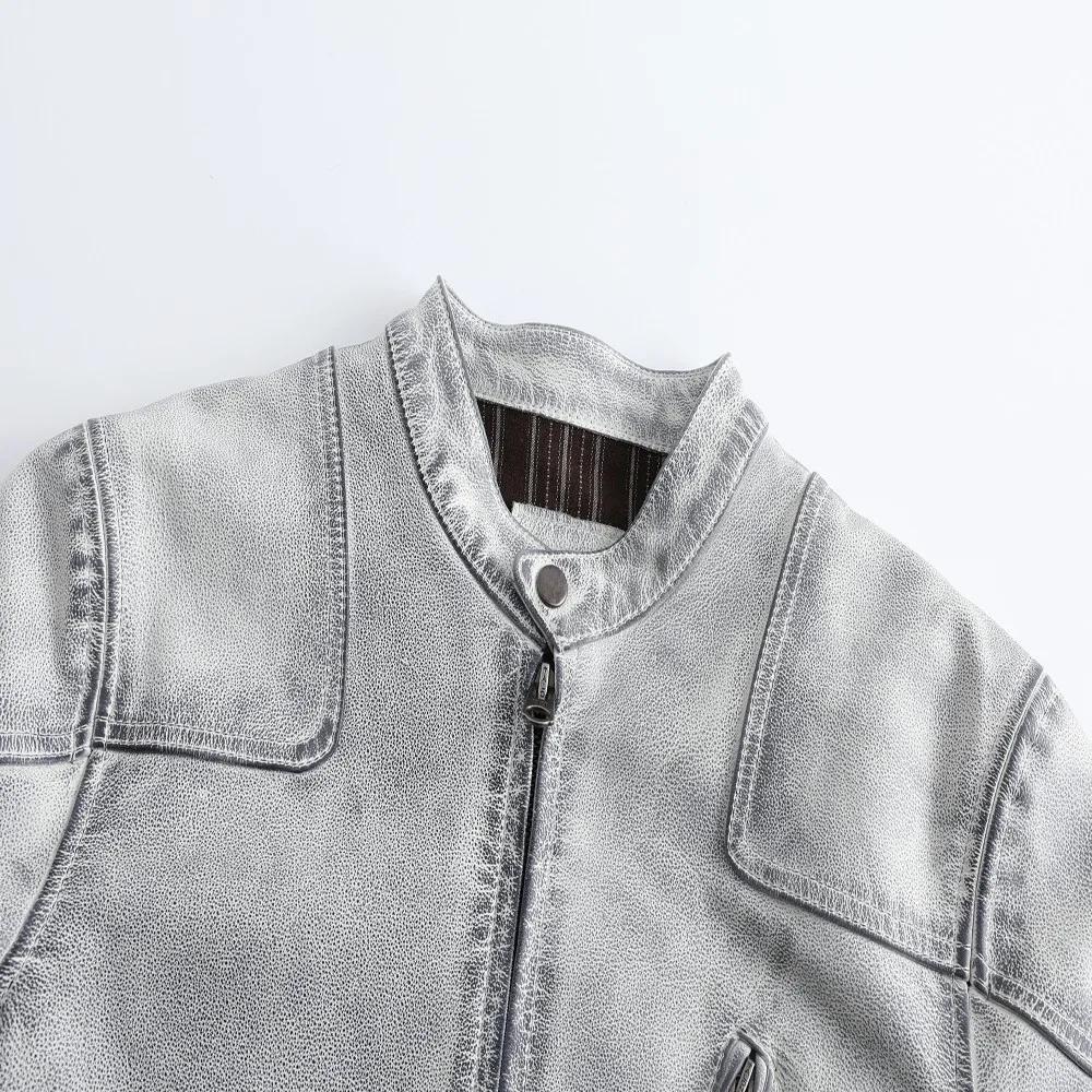 Veste en cuir véritable vieilli pour homme, style rétro, finition usée, col montant, classique, en c