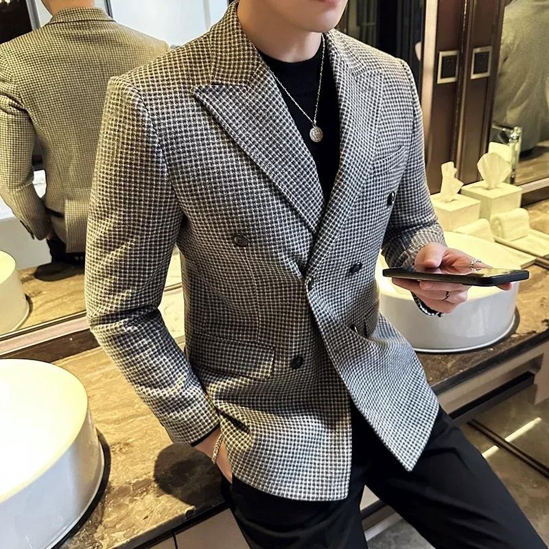 Blazer pied-de-poule pour hommes, Style britannique, Double boutonnage, coupe cintrée, veste de cost