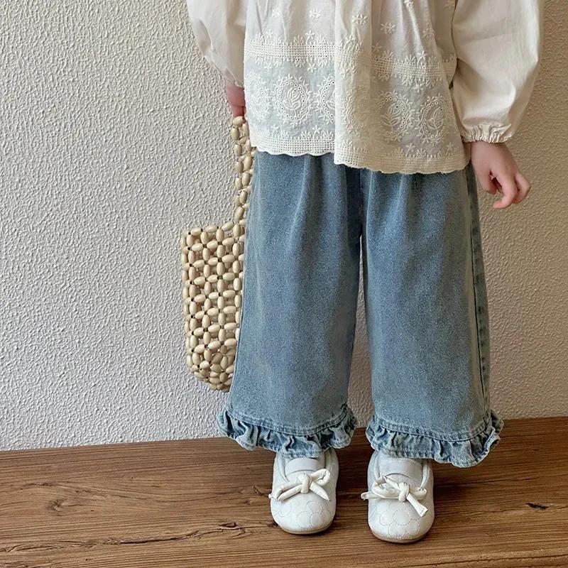 Jean jambes larges dentelle fille printemps automne 2024 - Pantalon décontracté doux adorable mode