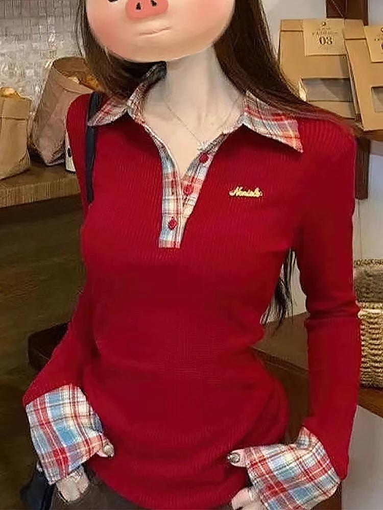 T-shirt à col polo à carreaux pour femme, manches longues, effet deux pièces, haut basique, chemisie
