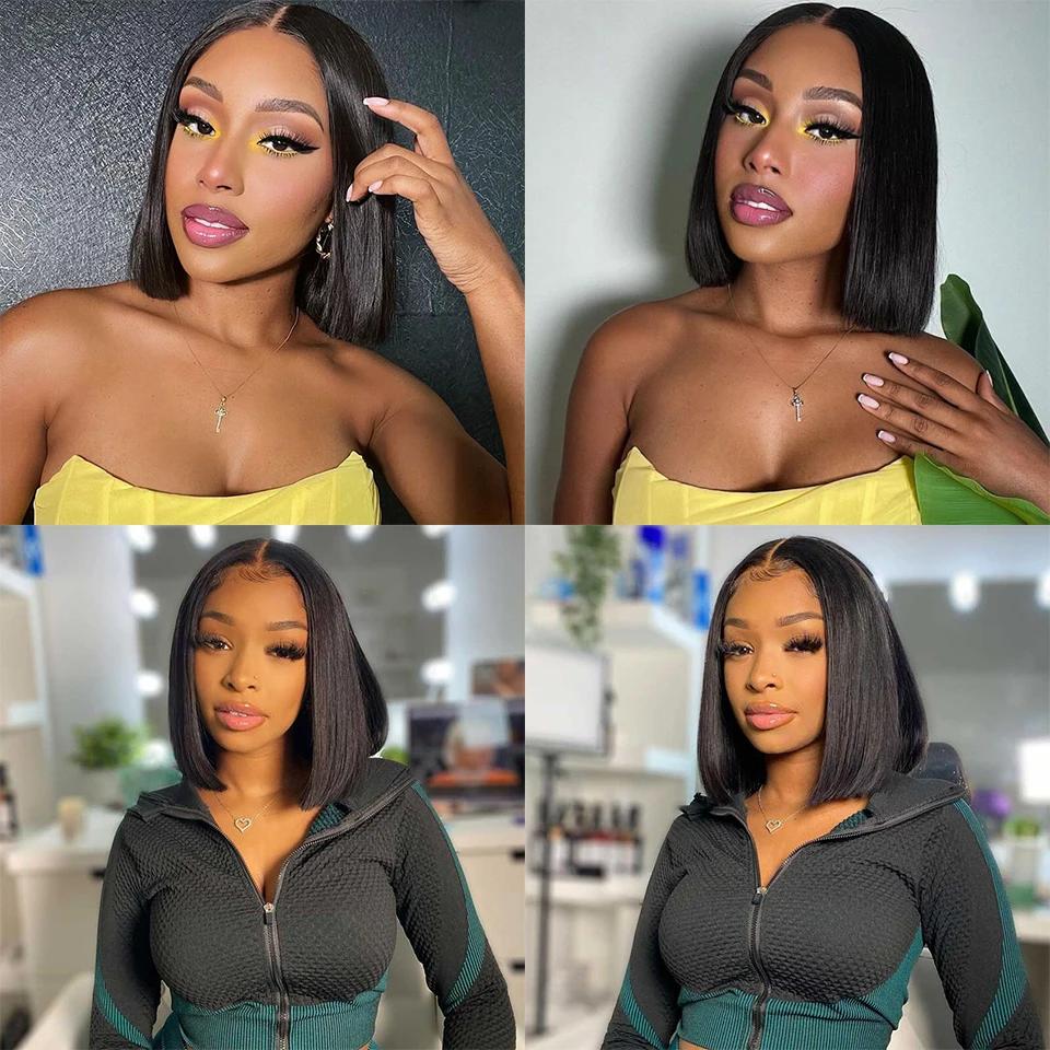 Perruque Bob Lace Wig Remy Brésilienne Naturelle, Cheveux Lisses, Partie T, Sophia, Courte, 4 Pièces
