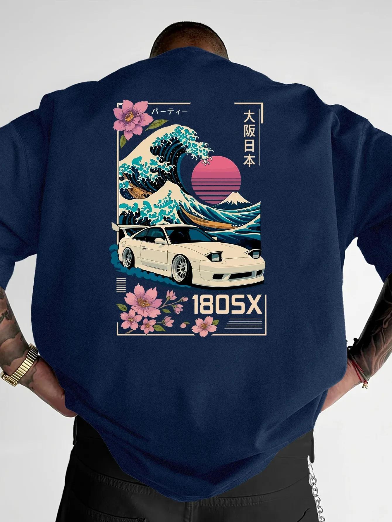 T-shirt à manches courtes pour hommes, imprimé japonais Ukiyo-e JDM Car Culture Trend, vêtements de
