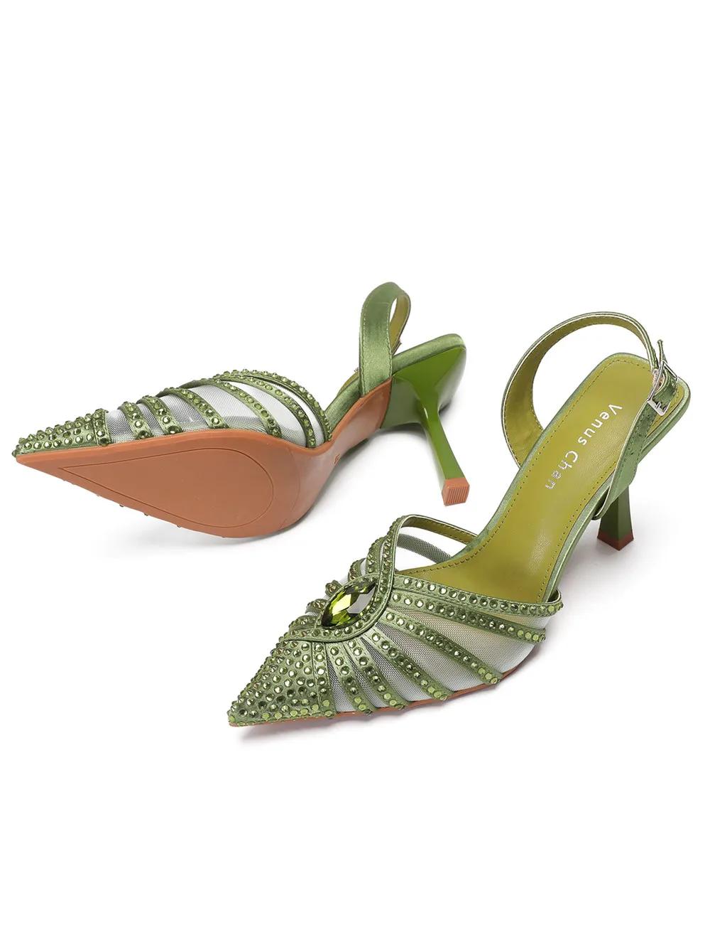 Ensemble de sacs à main élégants à talons verts et strass pour femmes, vert fruit, Design italien po