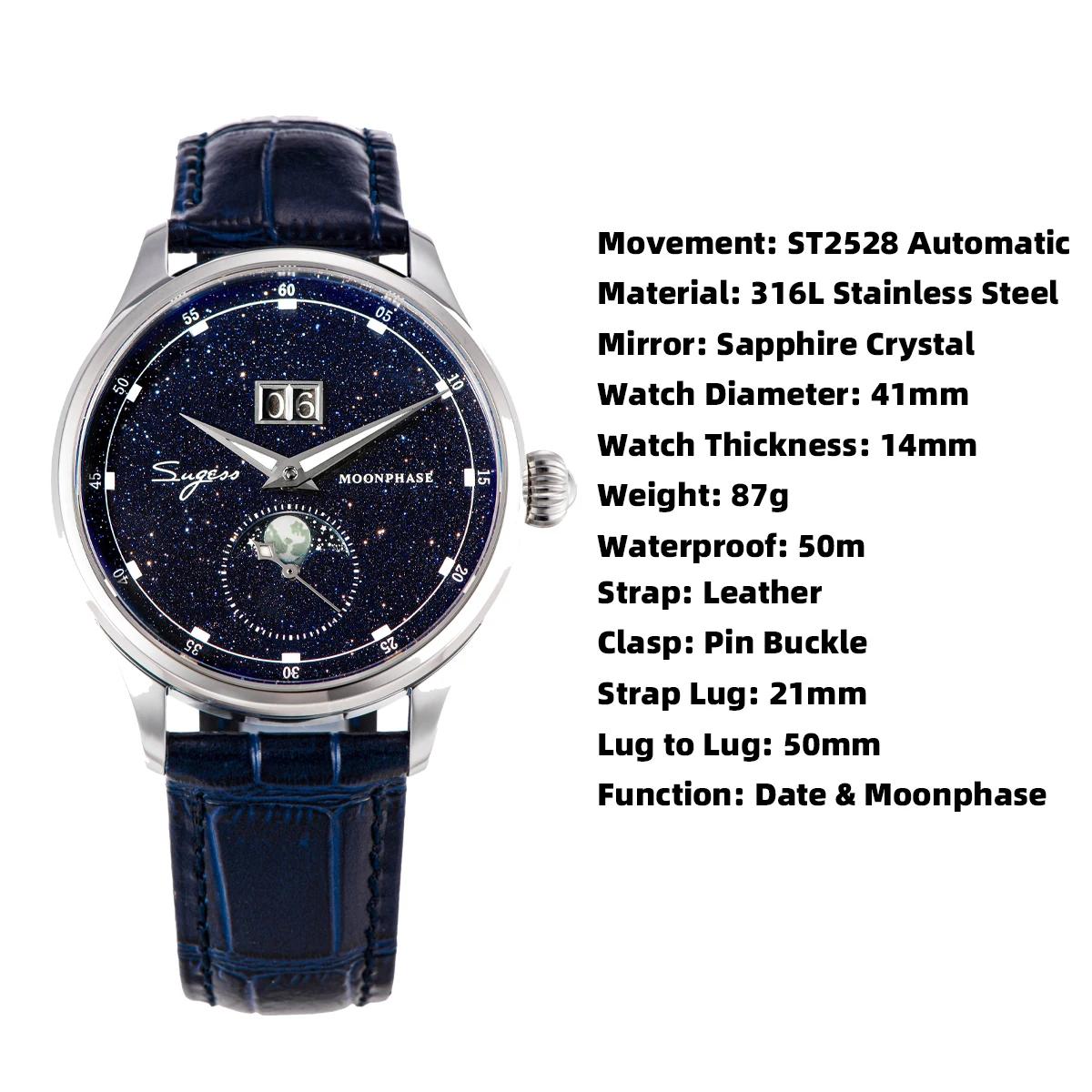 Sugess montre pour hommes édition limitée phase de lune boîtier en acier inoxydable 316L Tianjin ST2