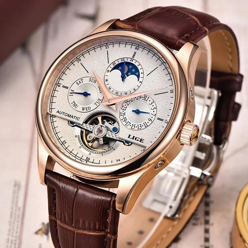 LIGE hommes montres automatique montre mécanique Tourbillon horloge en cuir véritable montre étanche