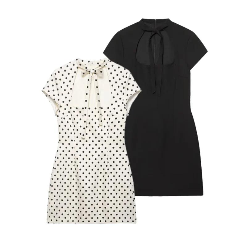 Mini-robe à découpes avec nœud papillon sur le devant, robe moulante à pois à manches courtes pour f