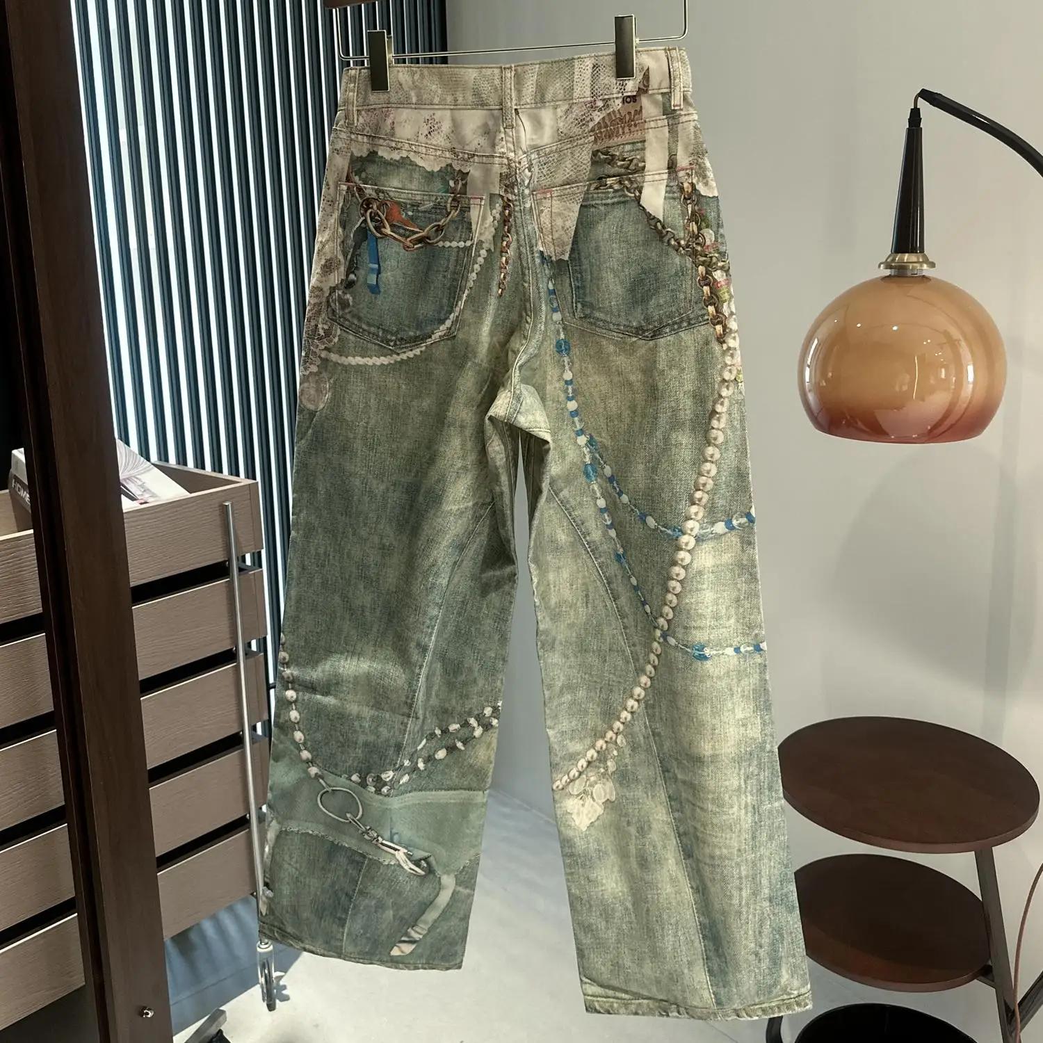 25SS dentelle perle chaîne trompe l'oeil 3D imprimé 1981 jambe droite jean pour hommes et femmes rop