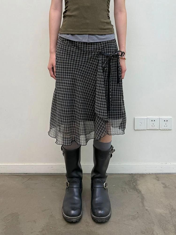 Deeptown Vintage Plaid maille jupes femmes japonais asymétrique mi jupe Y2k Harajuku à lacets jupes