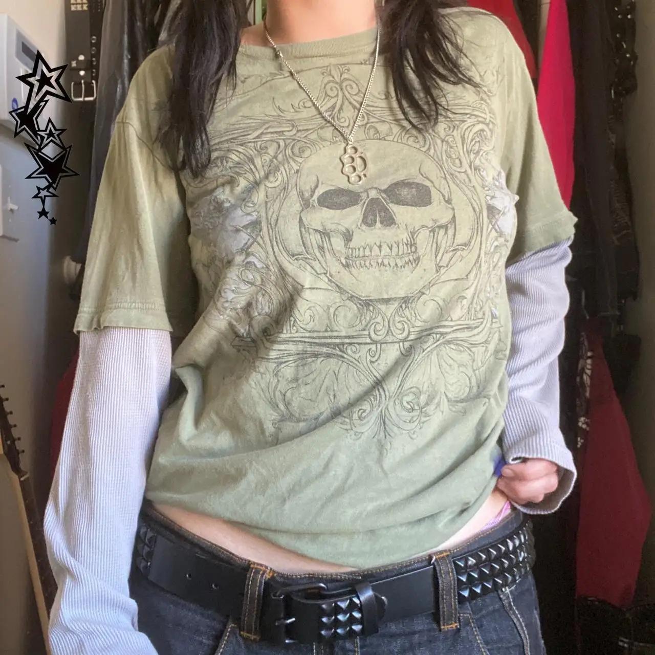 T-shirt à manches longues imprimé crâne graphique vintage, Y2K Cyber Aesthetic, Y-Patchwork Tee, Got