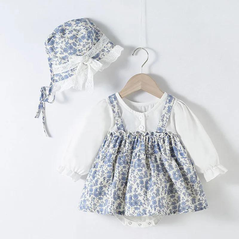 Combinaison coton manches longues nouveau-né fille - Costume batterie chapeau imprimé automne printemps