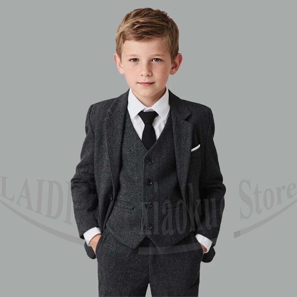 Costume en tweed gris à chevrons pour garçons, 3 pièces, style vintage, pour mariage, fête, cérémoni