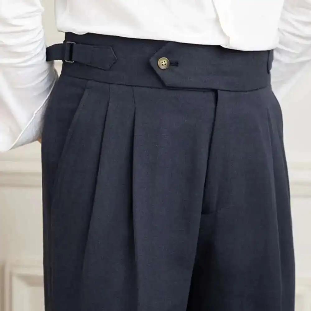 Pantalon en lin et coton taille haute pour homme, pantalon droit décontracté, pantalon plissé pour g