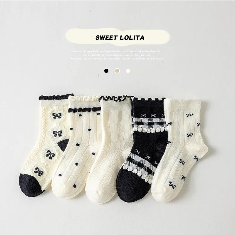 Chaussettes en coton solide pour enfants filles, 5 paires de nœuds papillon, douces, respirantes, ra