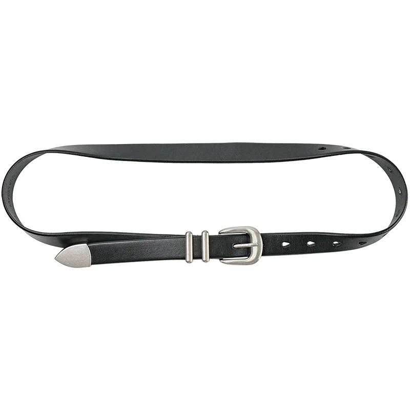 Ceinture Vintage en cuir de vache pour hommes et femmes, argent et noir, boucle, 125cm