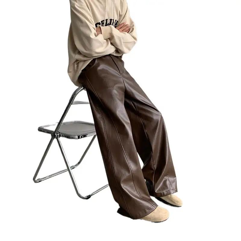 Pantalons en cuir PU pour hommes, Punk américain, mode Hip Hip, jambes larges, coupe-vent, marron fo